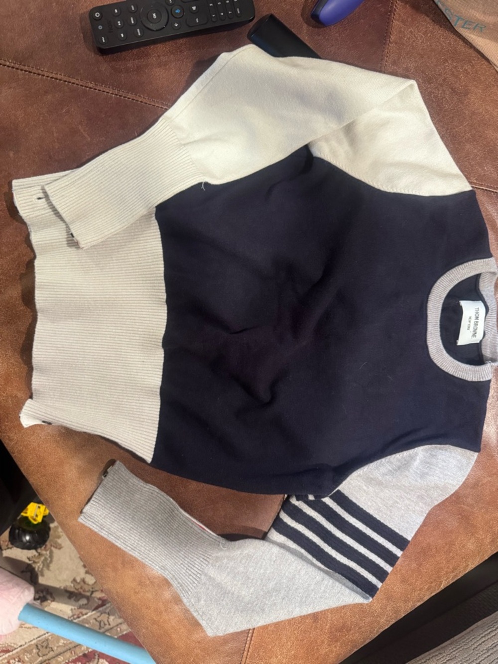 Thom Browne Milano Colorblock Crewneck Sweater - Navy, Gray & Cream - Picture 9 of 11